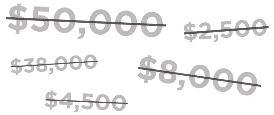 Crossed out prices — $50,000, $38,000, $4,500, $2,500, $8,000